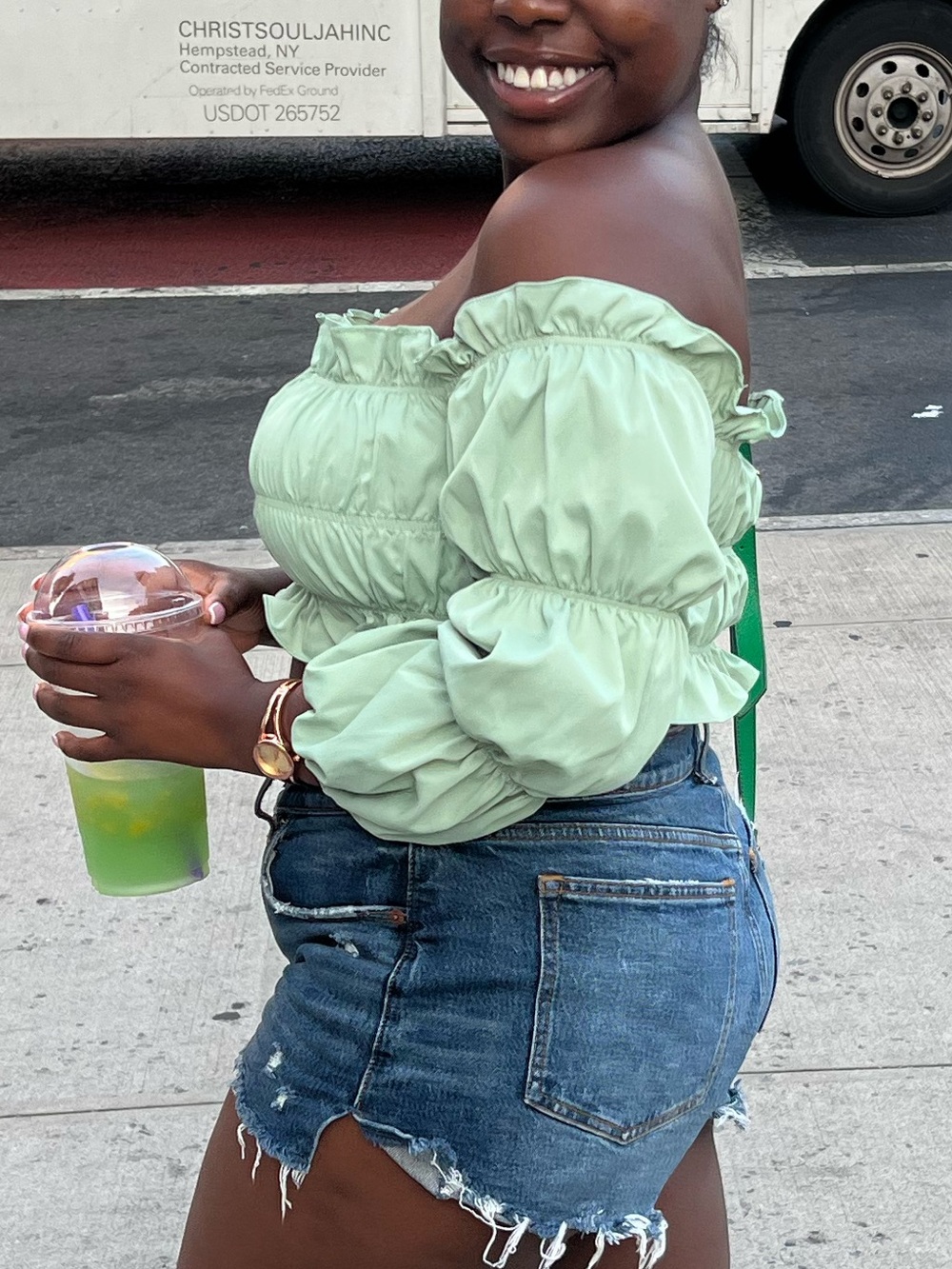 Off-Shoulder Ruched Crop Top - Sage Green